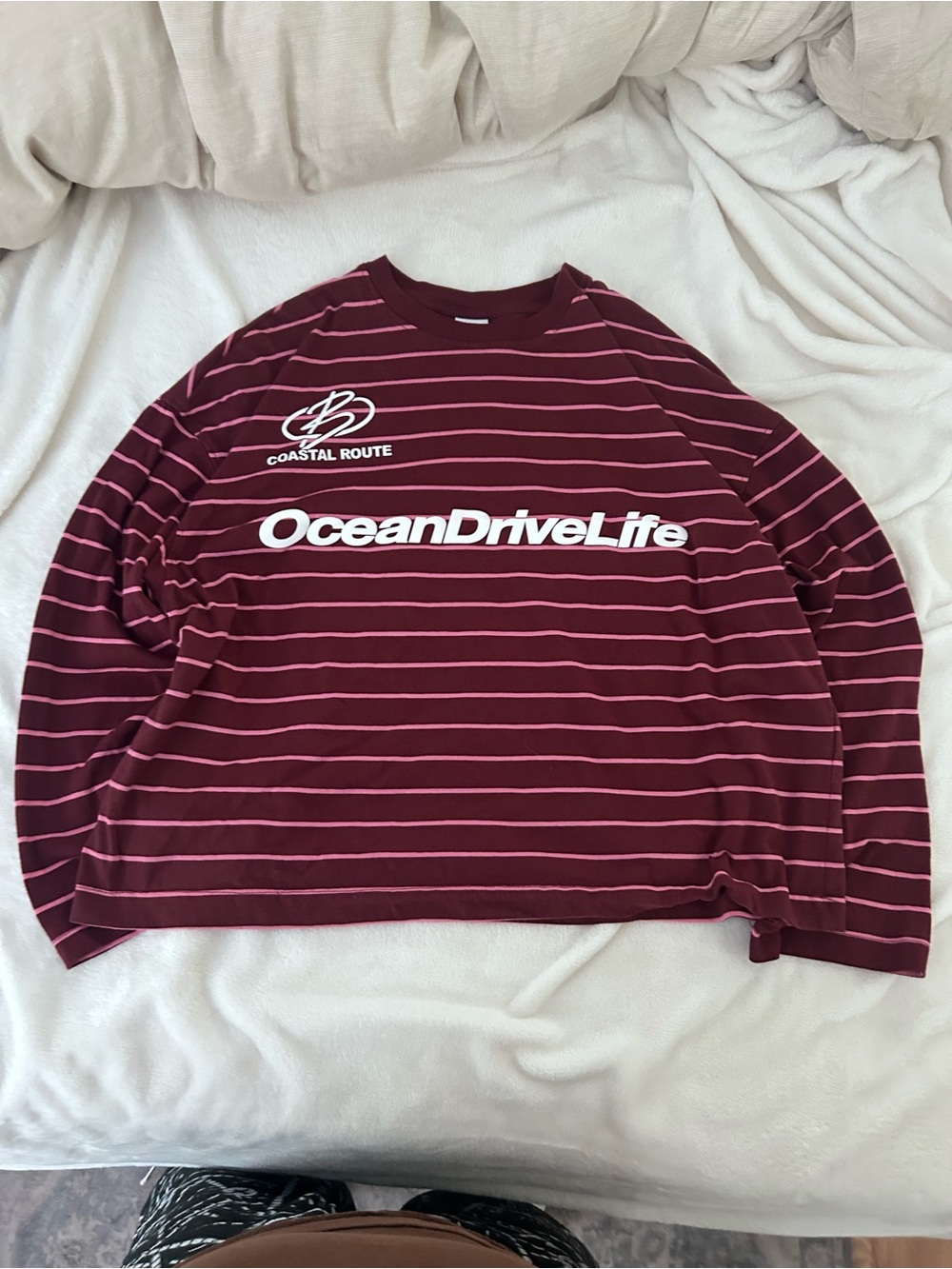 Bershka Maroon Long Sleeve Tee with Pink Stripes